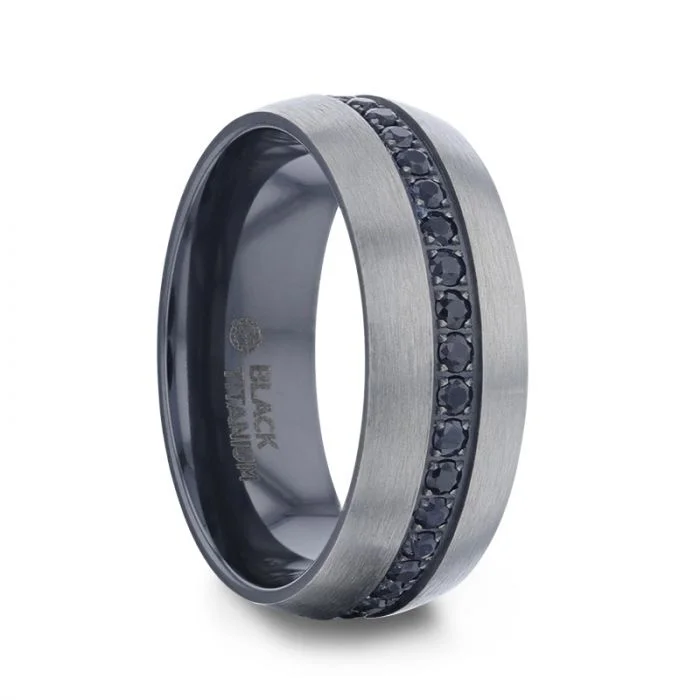 Thorsten AVIATOR Domed Brushed Titanium Men's Wedding Band with Black Sapphire Stones Inlay - 8mm