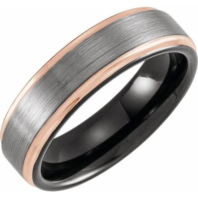 Black & 18K Rose Gold PVD Tungsten 6 mm Grooved Band with Satin Finish