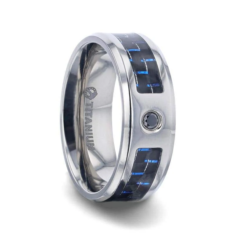 Thorsten PACIFIC Black And Blue Carbon Fiber Inlaid Titanium Men's Wedding Band With Beveled Polished Edges and Black Sapphire Center Stone