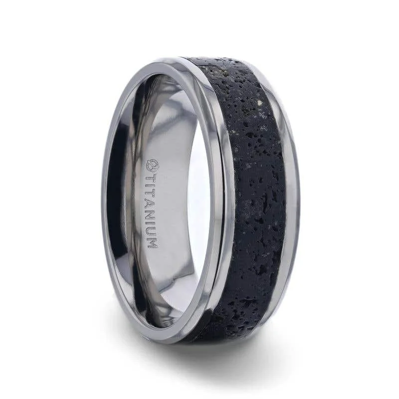 Thorsten MAUNA Black And Gray Lava Inlaid Titanium Men's Wedding Band With Polished Beveled Edges - 8mm