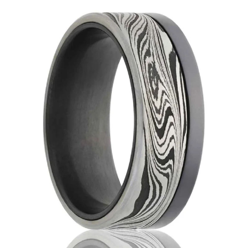 BROADSWORD | Men's Zirconium Wedding Band | Damascus Overlay | 8mm