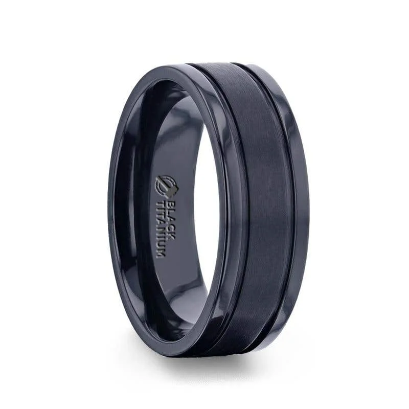 Thorsten WOLVERINE Brushed Center Black Titanium Men's Wedding Band With Polished Dual Offset Grooves - 8mm