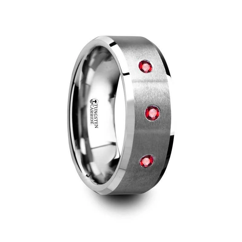 Thorsten NEREUS Brushed Tungsten Flat Wedding Band with Polished Beveled Edges & Rubies - 8mm