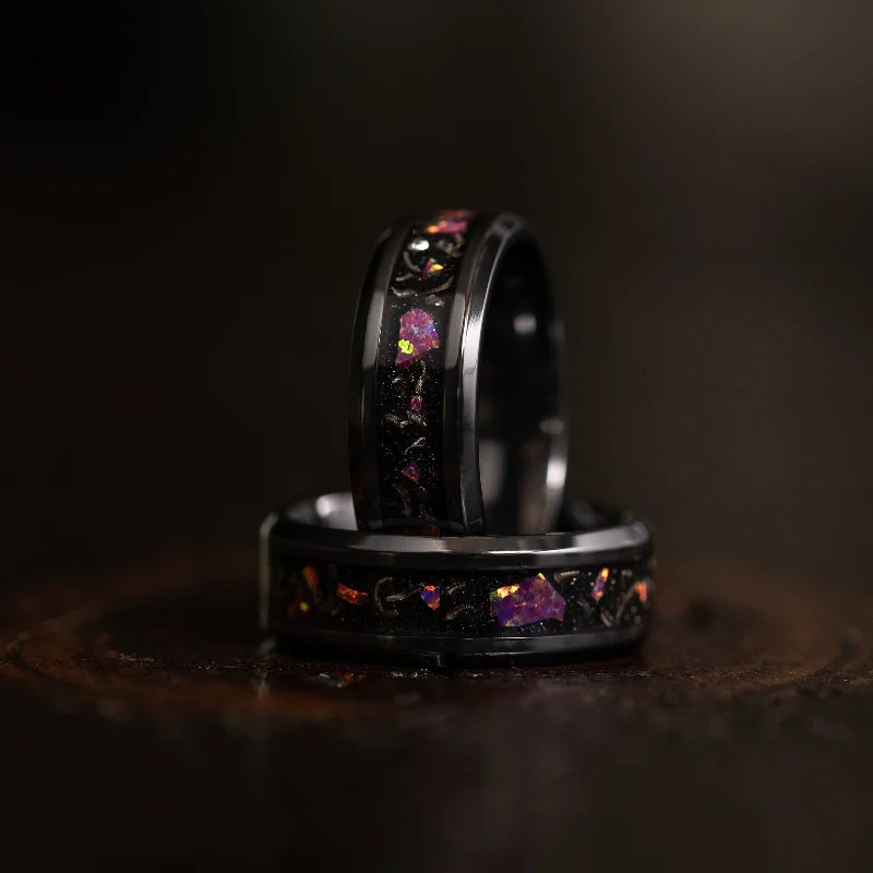 "Hades" Hammered Black Zirconium x Galactic Opal - Meteorite - 8mm