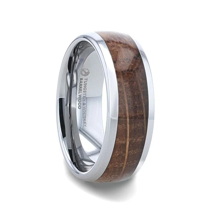 Thorsten FORMENT Whiskey Barrel Wood Inlaid Tungsten Men's Wedding Band With Domed Polished Edges Made From Genuine Whiskey Barrels - 8mm