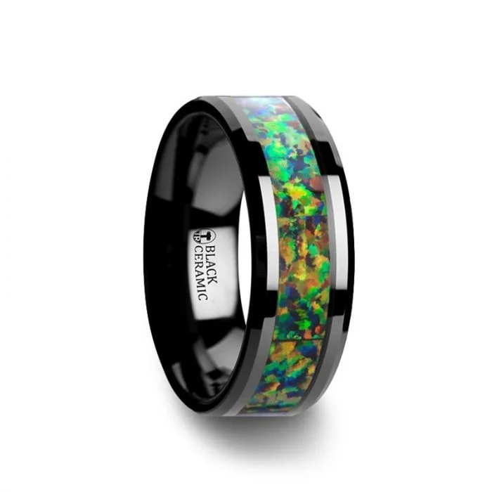 Thorsten GALACTIC Black Ceramic Wedding Band with Beveled Edges and Blue & Orange Opal Inlay - 8mm