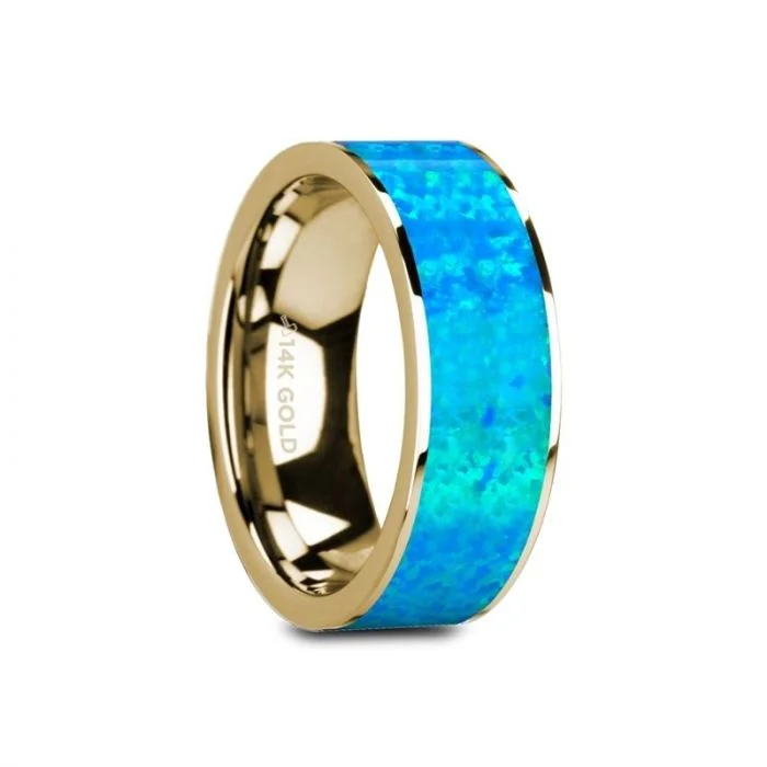 Thorsten GANYMEDE 14K Yellow Gold with Blue Opal Inlay and Polished Edges Flat Band - 8mm