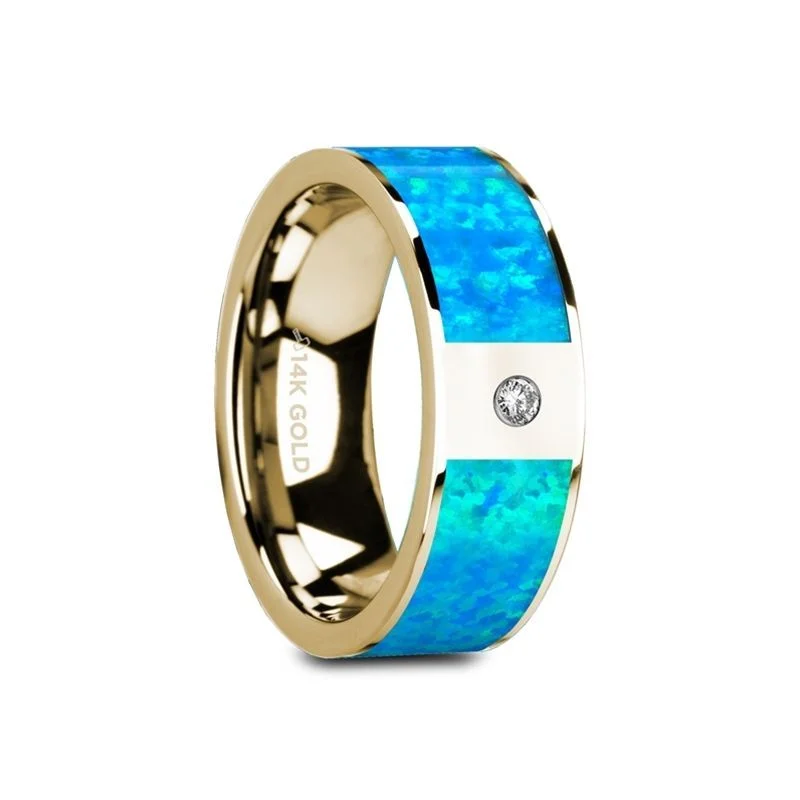 Thorsten GELASIA 14K Yellow Gold with Blue Opal Inlay & White Diamond Setting Flat Band - 8mm - GELASIA