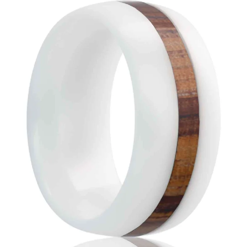 GREVY | WHITE WEDDING BAND | ZEBRA WOOD INLAY | 8MM