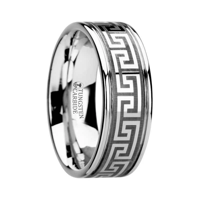 Thorsten THASOS Grooved Tungsten Carbide Wedding Band with Greek Key Meander Design - 8mm