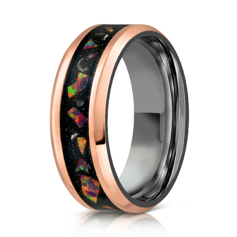 "Hades" Hammered Rose Gold / Black Zirconium x Galactic Opal - Meteorite - 8mm