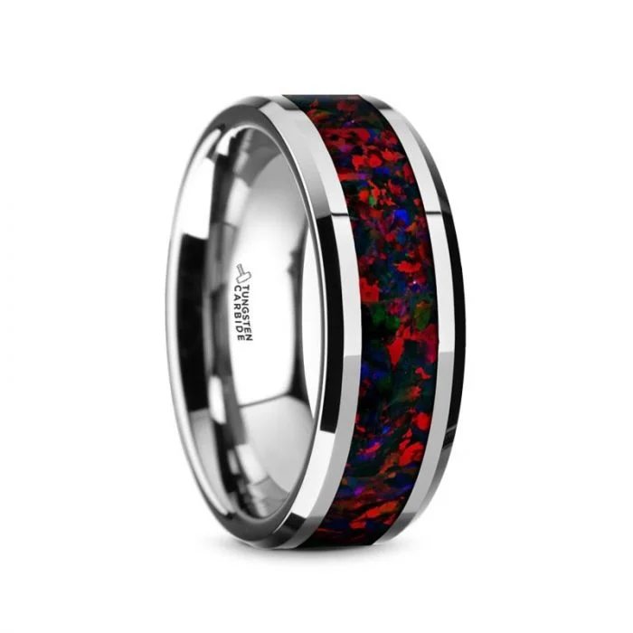 Thorsten HALLEY Tungsten Carbide Black Opal Inlay Men’s Wedding Band with Beveled Edges - 8mm