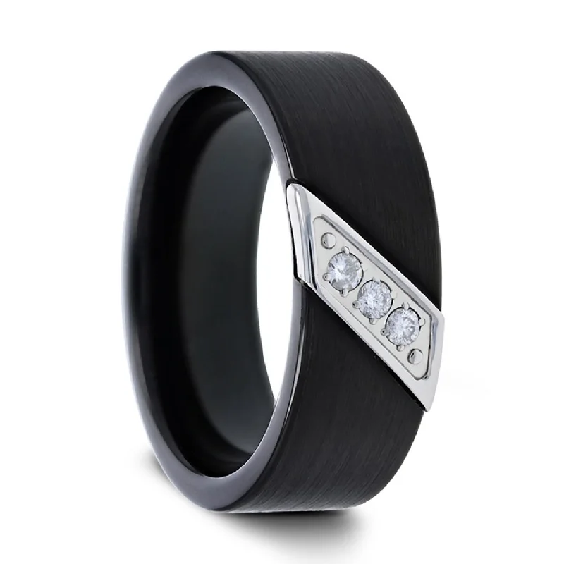 Thorsten LIAM Flat Black Satin Finished Tungsten Carbide Wedding Band with Diagonal Diamonds Set in Stainless Steel - 8mm