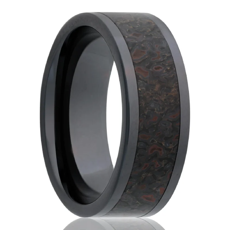 MAEDOC | BLACK CERAMIC WEDDING BAND | DINOSAUR BONE INLAY | 8MM