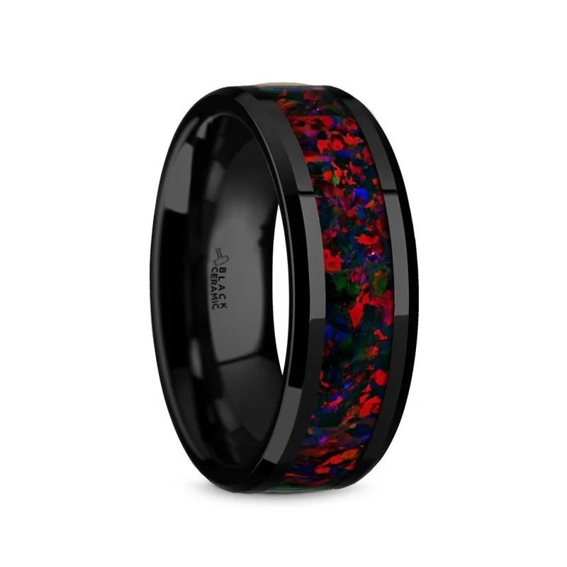 Thorsten MATRIX Black Ceramic Polished Beveled Edges Men’s Wedding Band with Black Opal Inlay