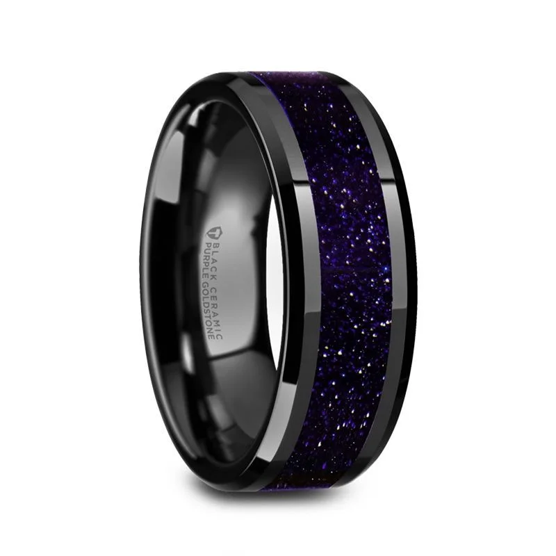 Thorsten MELO Black Ceramic Beveled Polished Men’s Wedding Band with Purple Goldstone Inlay