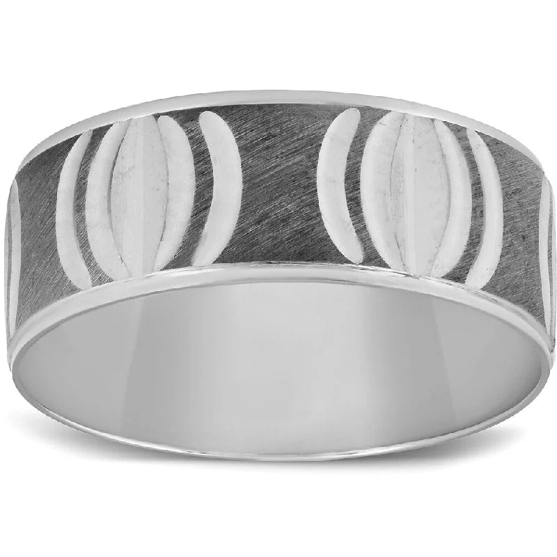 Mens 8mm Wide 10k White Gold Hand Carved Black & White Gold Wedding Band