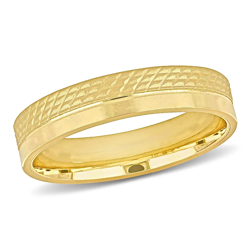 Miadora 5 mm Mens Half Geometric Pattern Wedding Band in 14k Yellow Gold