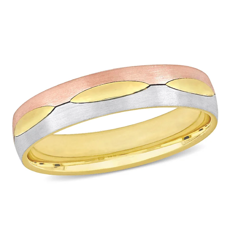 Miadora 5 mm Mens Marquise Design Satin Finish Wedding Band in 3-Tone 14k Gold