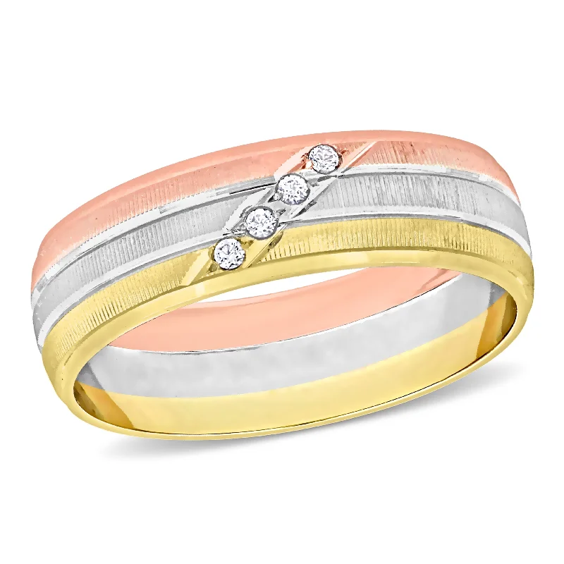 Miadora 6 mm Mens Textured Wedding Band in 10k 3-Tone Yellow White and Rose Gold