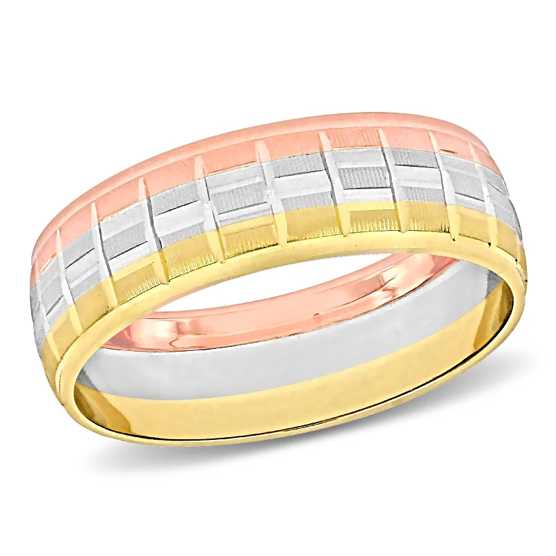 Miadora 6 mm Mens Textured Wedding Band in 3-Tone 10k Yellow White and Rose Gold