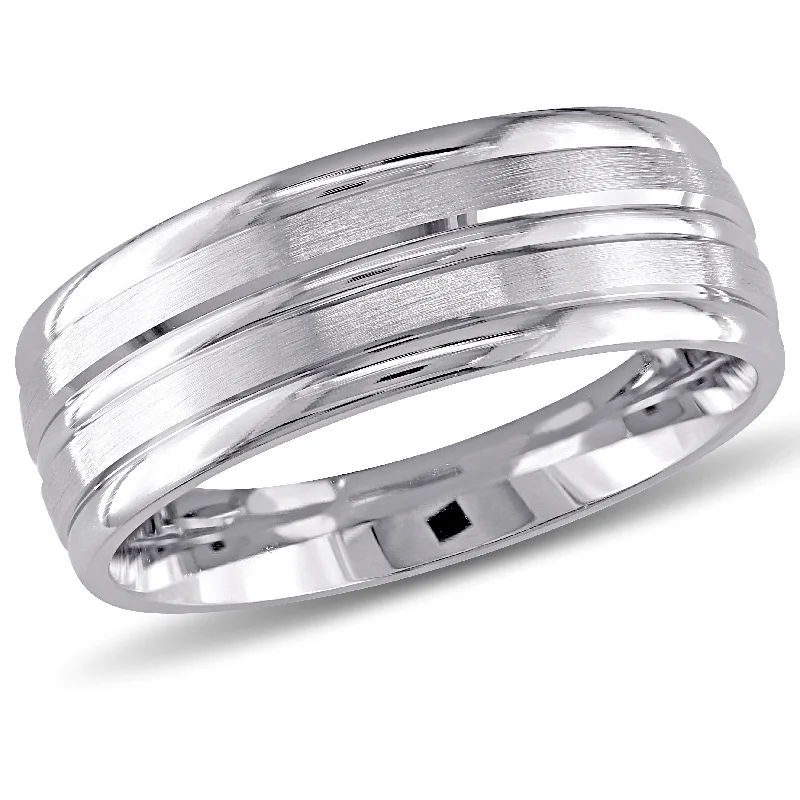 Miadora Mens Striped Wedding Band in 14k White Gold (8 mm)