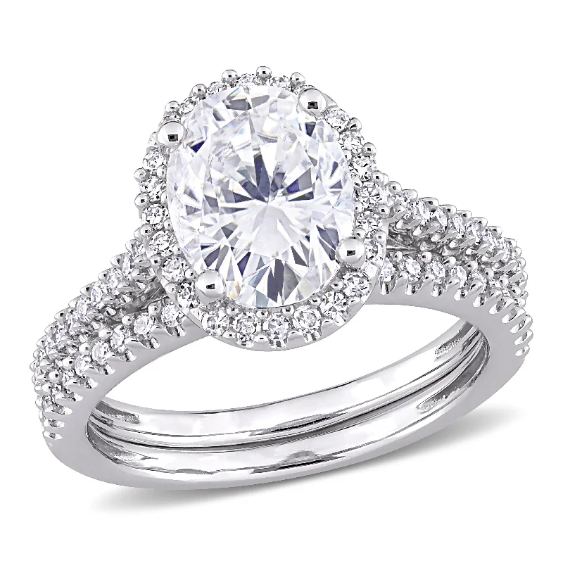 Oval 2ct TGW Moissanite and 1/3ct TDW Diamond Bridal Set in 14k White Gold by Miadora