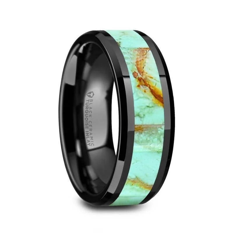 Thorsten PIETRO Polished Black Ceramic Wedding Band with Light Blue Turquoise Stone Inlay & Polished Beveled Edges - 8mm