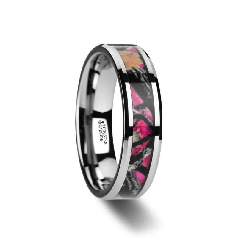 Thorsten JULIET Realistic Tree Camo Tungsten Carbide Wedding Band with Real Pink Oak Leaves - 6mm - 8mm