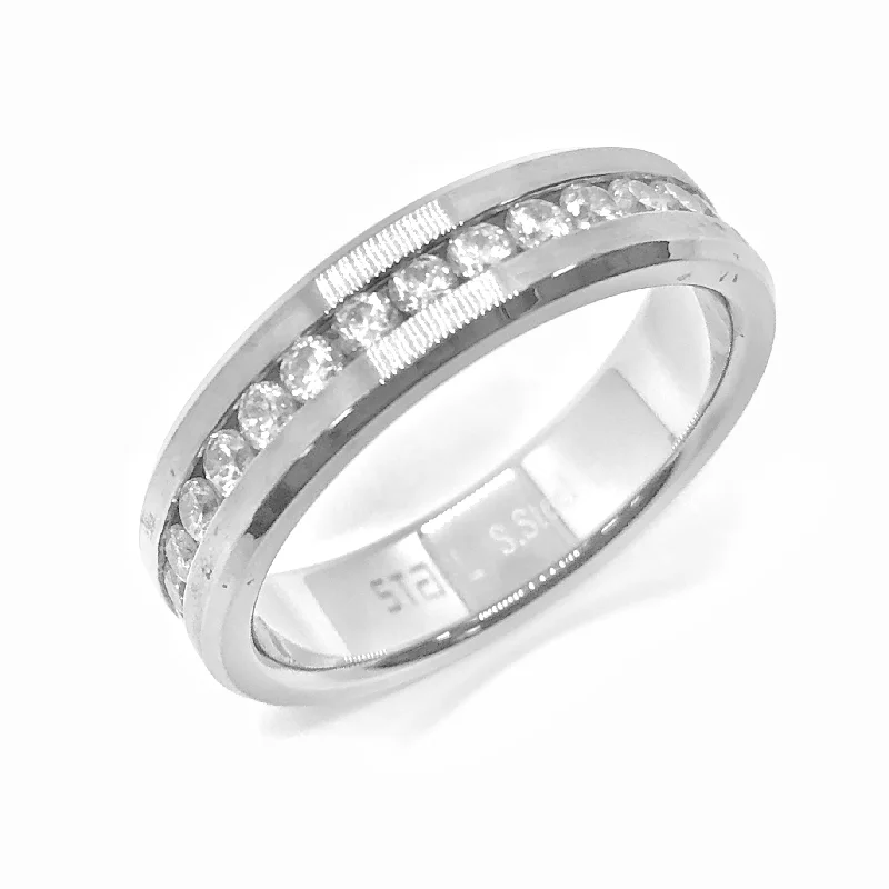 Satin Edged Men's Stainless Steel CZ Eternity Band