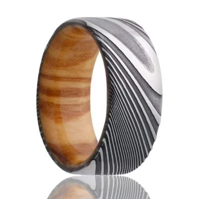 SHEMEN | Unique Wedding Band | Damascus Steel | Olive Wood Liner | 8mm