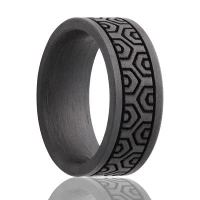 SLOANE |  Men's Black Wedding Band | Solid Carbon Fiber | Geometric Pattern | 8mm