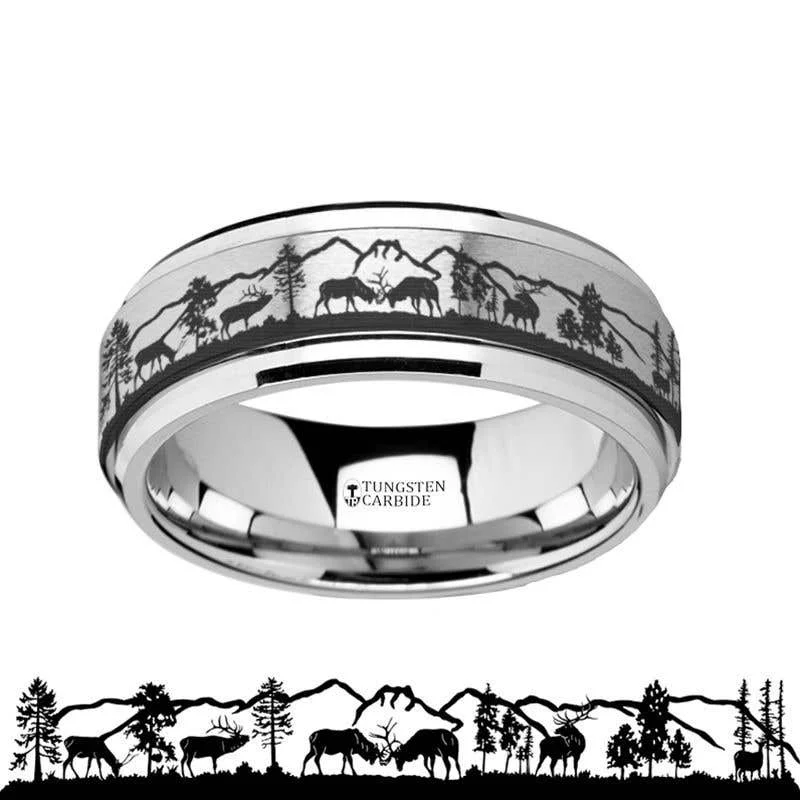 Thorsten Spinning Engraved Elk Deer Stag Mountain Range Tungsten Carbide Spinner Band - 8mm