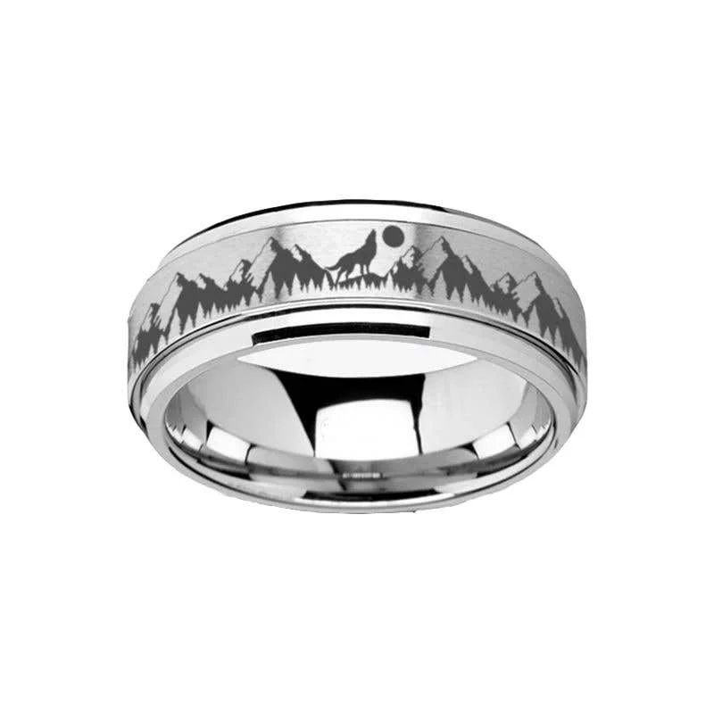 Thorsten Spinning Engraved Mountain Wolf Moon Tungsten Carbide Spinner Band - 8mm