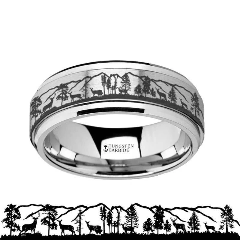 Thorsten Spinning Engraved Roaming Deer Stag Tungsten Carbide Spinner Band - 8mm