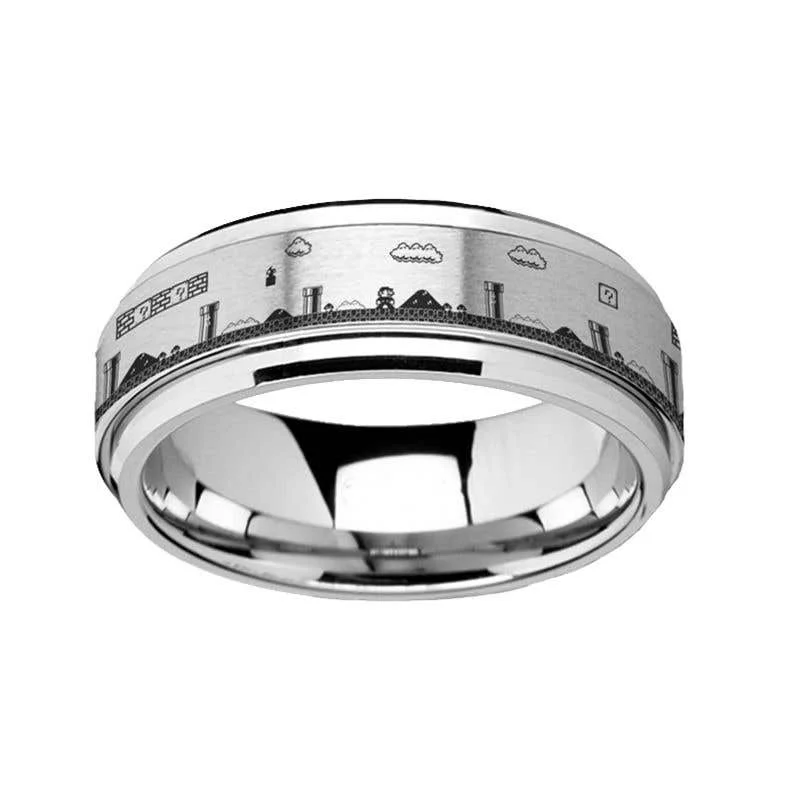 Thorsten Spinning Engraved Super Mario Bros Pixel Level Game Tungsten Carbide Spinner Band - 8mm