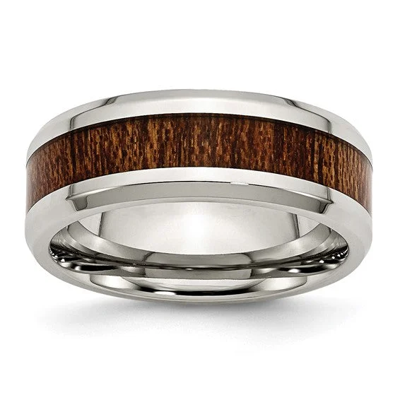 Stainless Steel Polished Brown Koa Wood Inlay Enameled 8mm Band