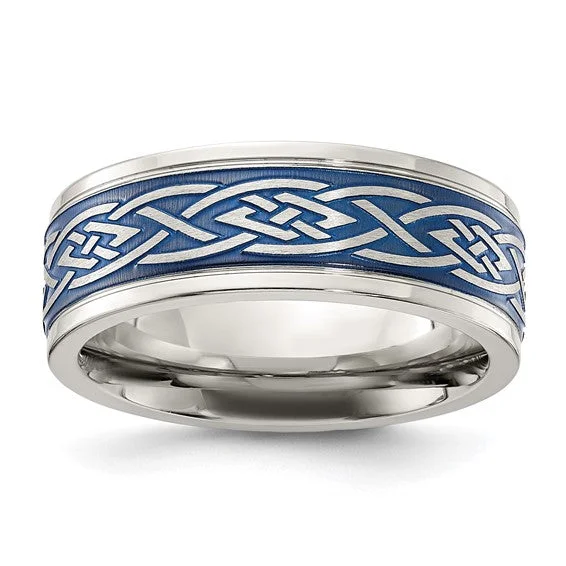 Stainless Steel Polished Blue IP-plated Celtic Design 8mm Band