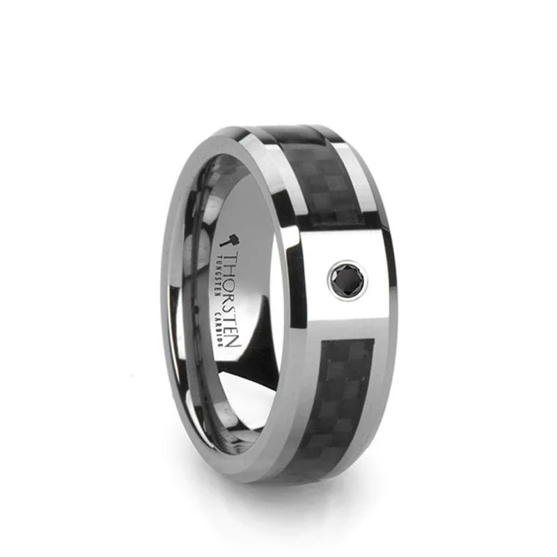 Thorsten BENTLEY Tungsten Wedding Band with Black Carbon Fiber and Black Diamond Setting - 8mm