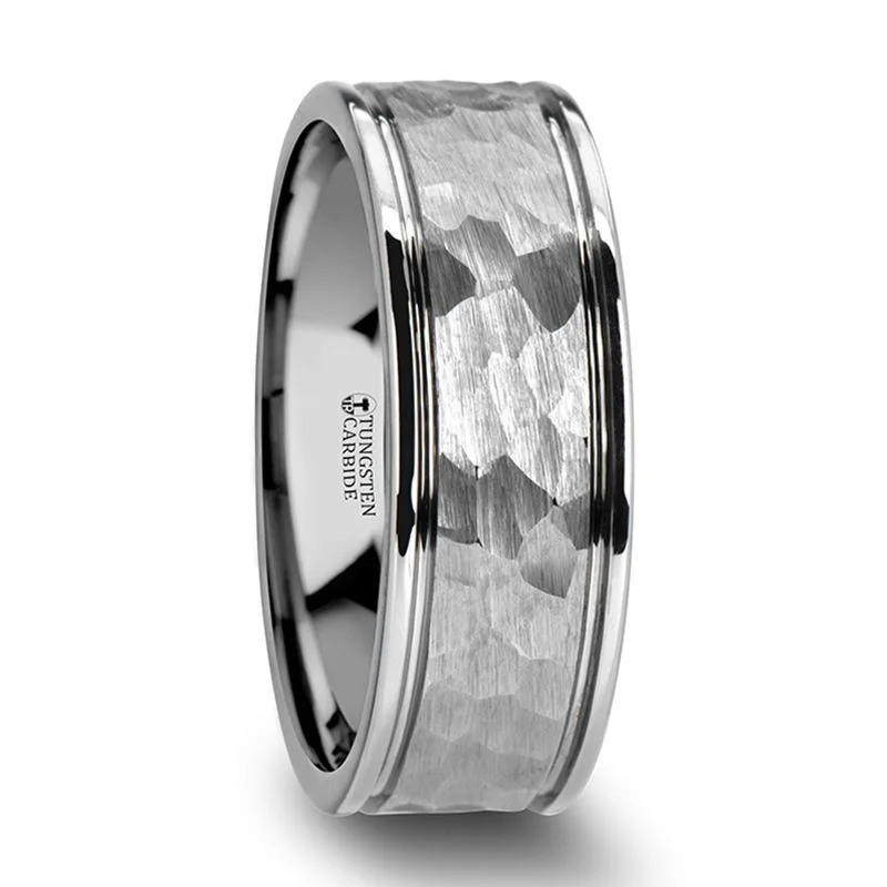 Thorsten THORNTON Hammered Finish Center White Tungsten Carbide Wedding Band with Dual Offset Grooves and Polished Edges - 6mm or 8mm