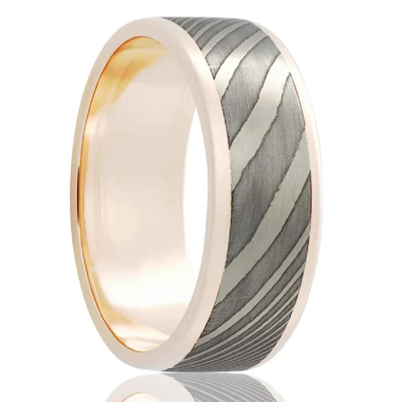 TIGRE | 14k Gold Wedding Band | Damascus Steel Inlay