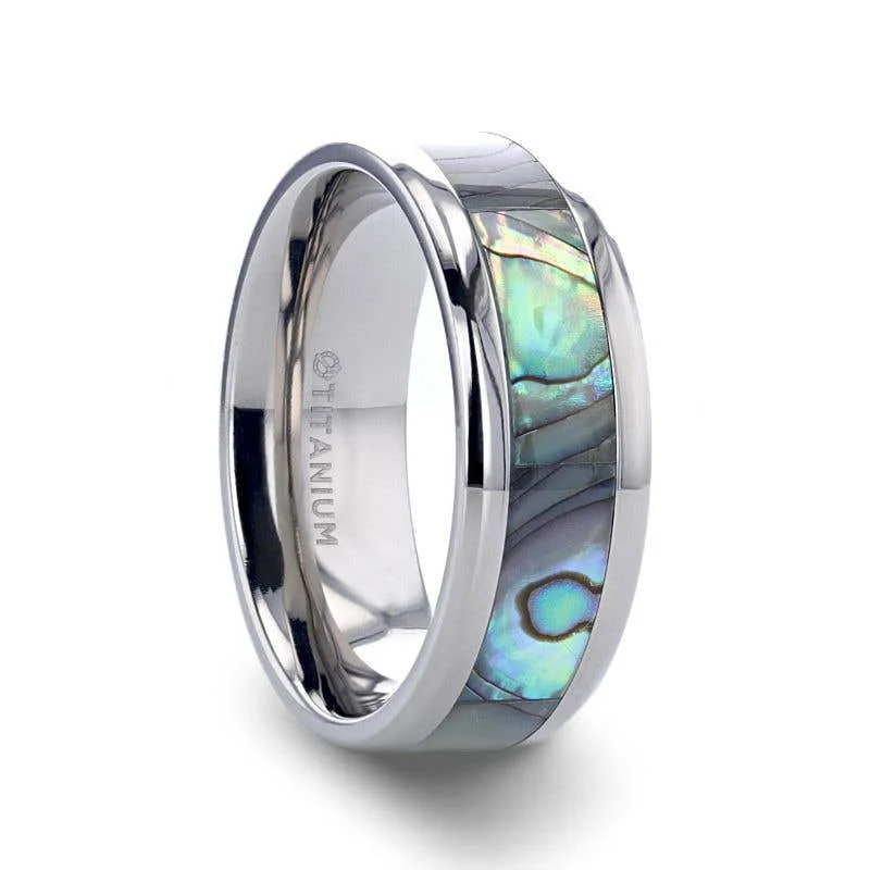 Thorsten KAUI Titanium Polished Finish Mother Of Pearl Inlaid Men’s Beveled Wedding Band - 6mm & 8mm