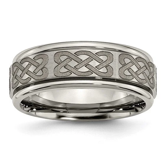 Titanium Ridged Edge 8mm Celtic Knot Laser Design Brushed & Polished Band