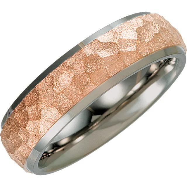 Titanium & 14k Rose Gold Immerse Plated 7mm Hammered Finish Beveled Edge Band