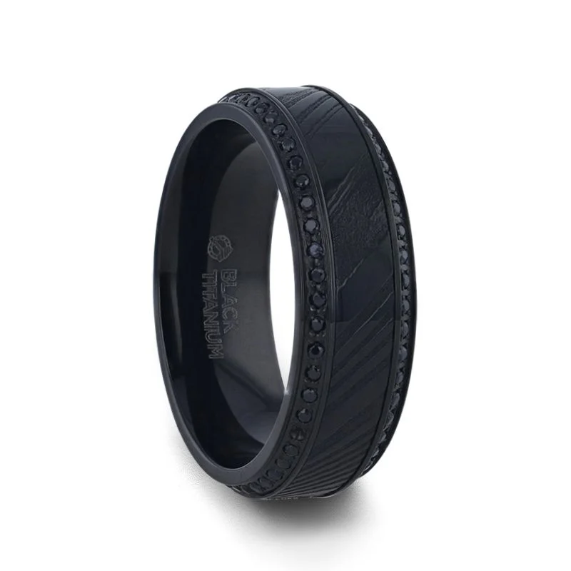 Thorsten TROPHY Black Damascus Steel Inlaid Polished Black Titanium Men's Wedding Band With Black Sapphire Beveled Edges