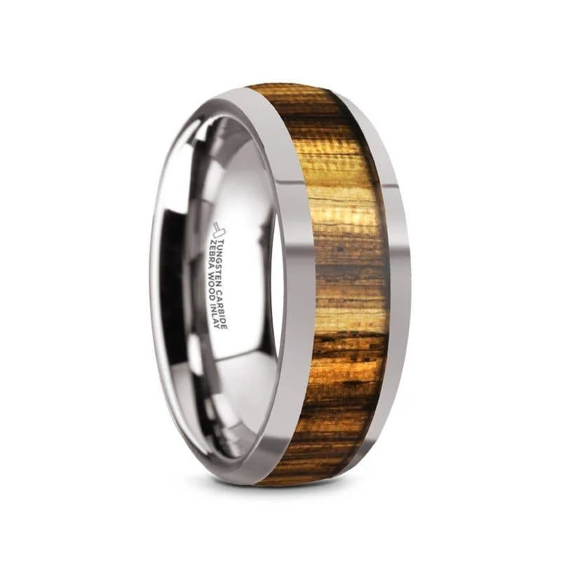 Thorsten TIGRE Tungsten Carbide Polished Finish Men’s Domed Wedding Band with Zebra Wood Inlay - 8mm