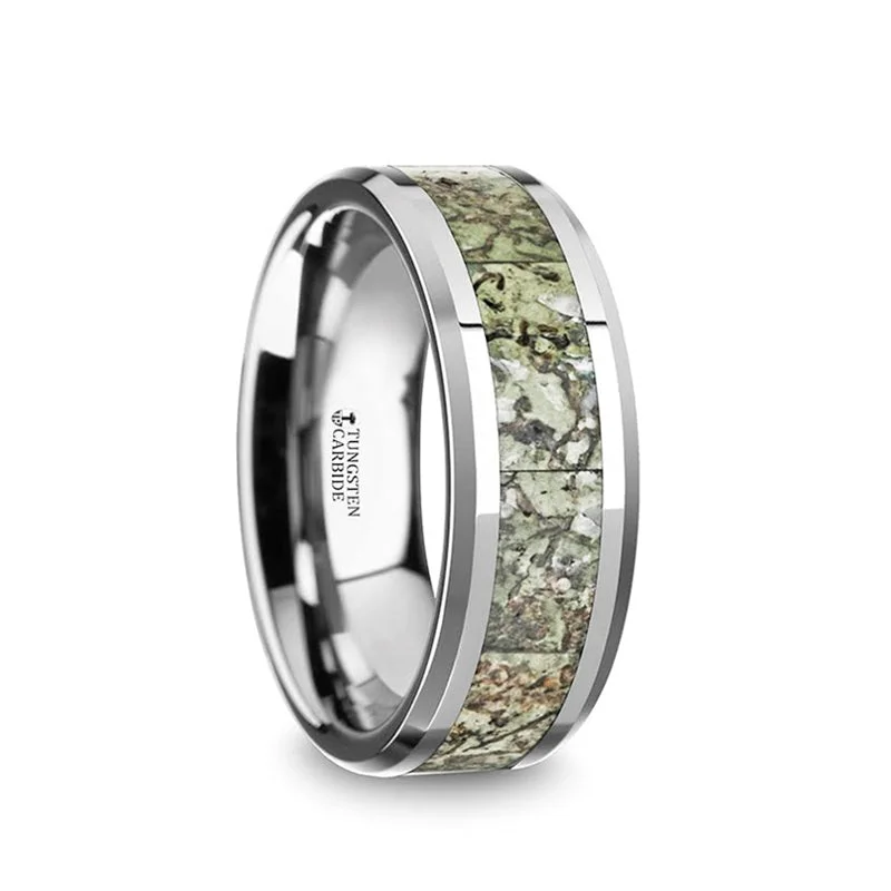 Thorsten TARGARYEN Tungsten Wedding Band Green Dinosaur Bone Inlay & Beveled Edges - 8mm