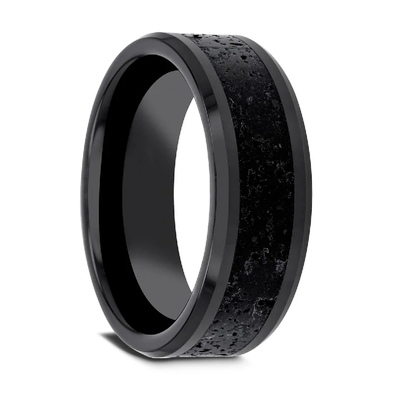 Thorsten VESUVIUS Black Ceramic Wedding Band with Black & Gray Lava Rock Stone Inlay & Polished Beveled Edges - 6mm & 8mm