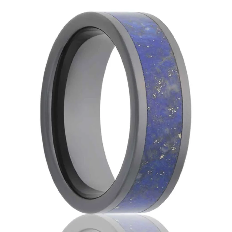 VINCENT | Men's Black Ceramic Wedding Band | Blue Lapis Inlay | 8mm