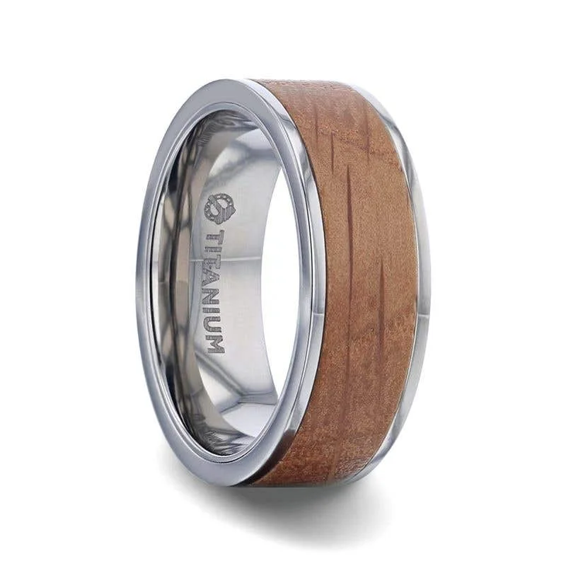 Thorsten STILL Whiskey Barrel Wood Inlaid Titanium Men's Wedding Band With Flat Polished Edges Made From Genuine Whiskey Barrels - 8mm